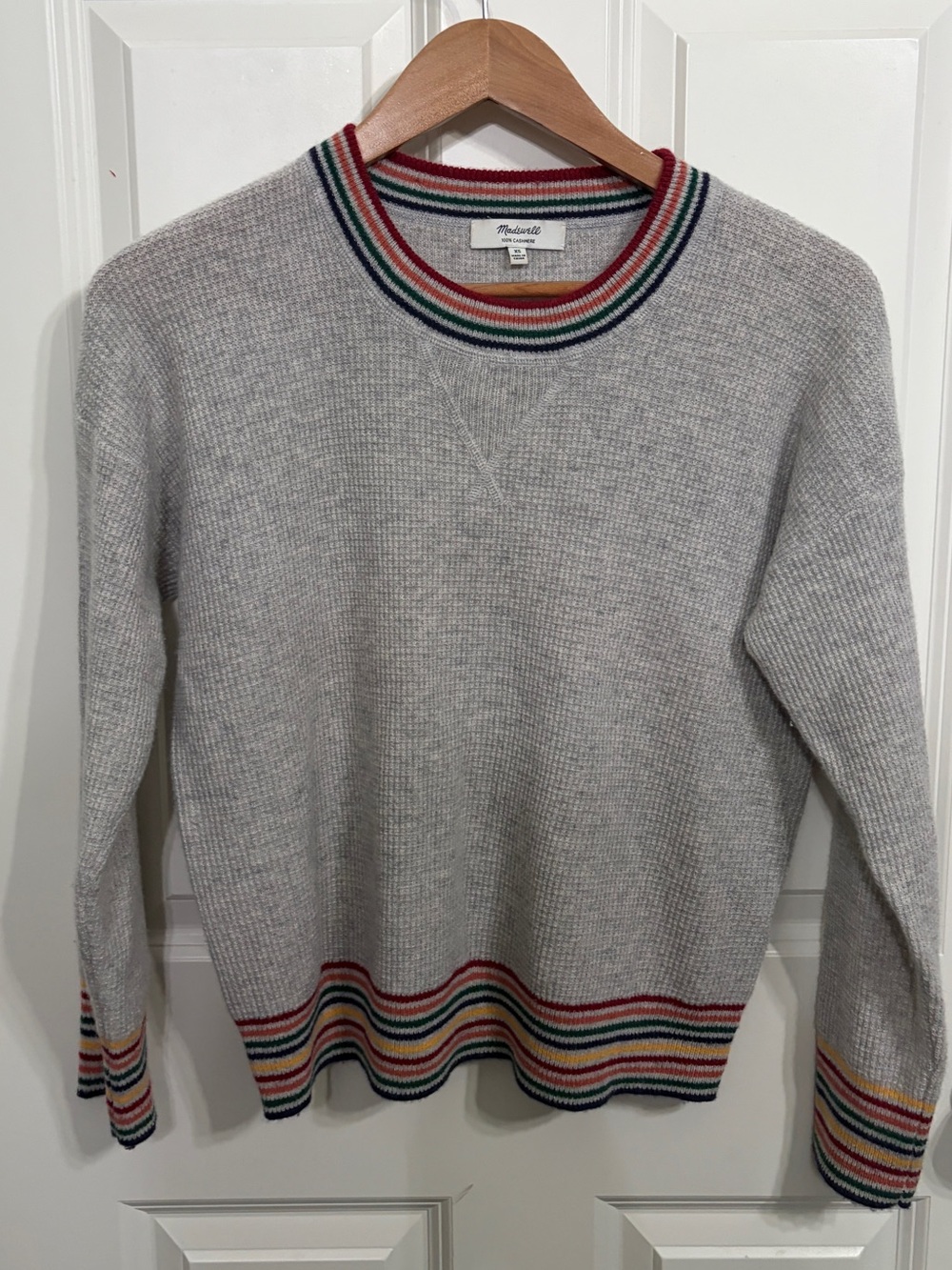 Like new Madewell size XS Light Gray waffle cashmere sweater with rainbow trim